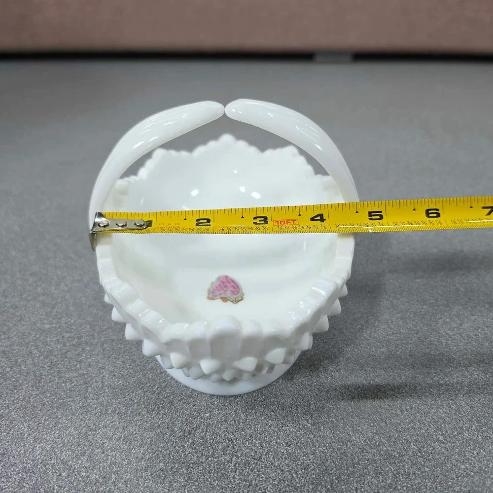 Fenton Basket Milk Glass White Excellent Hobnail Scalloped Split Handle 6.5in